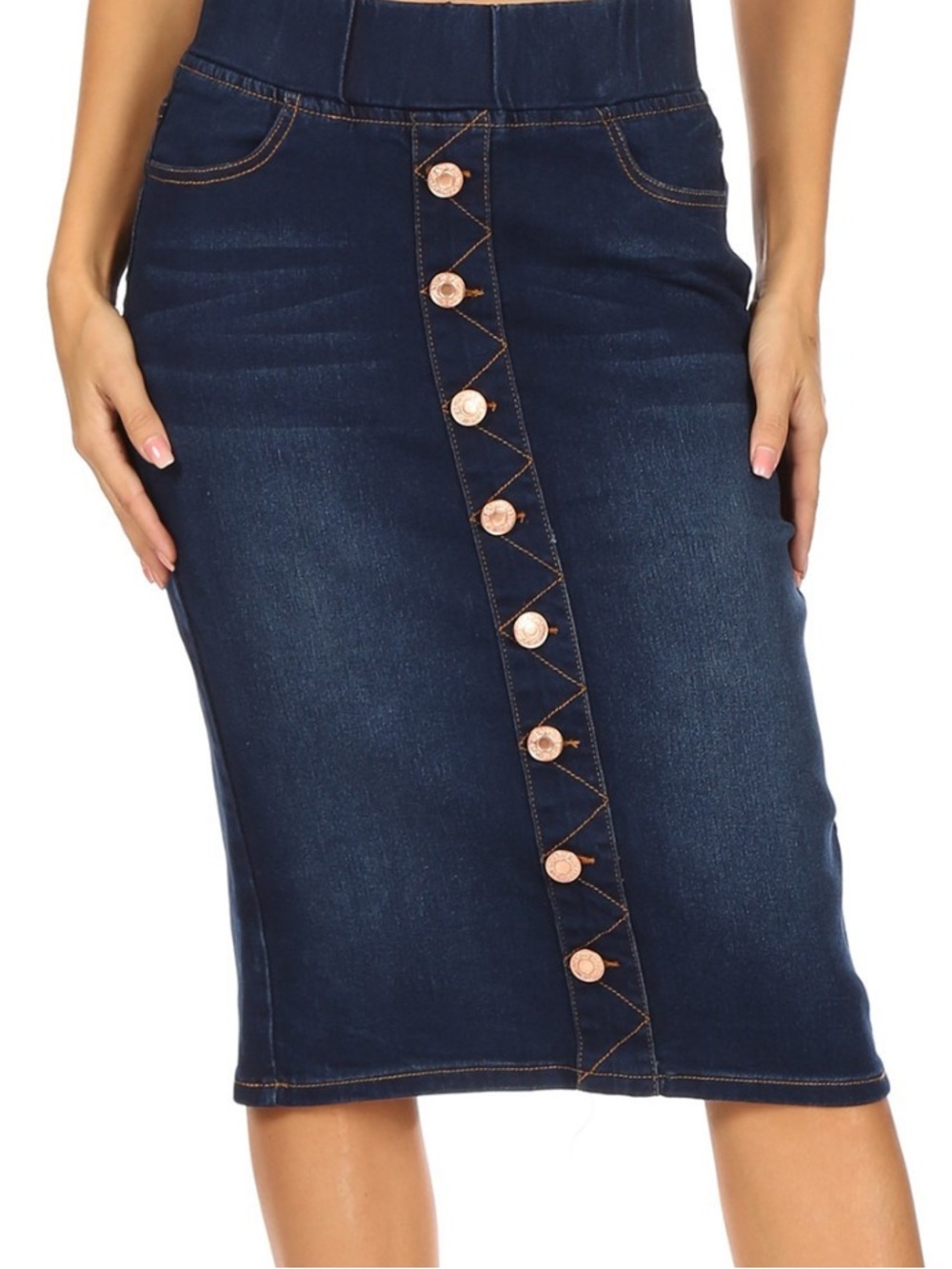 Dark Indigo Button-Front Denim Pencil Skirt elastic waist pull on stretch